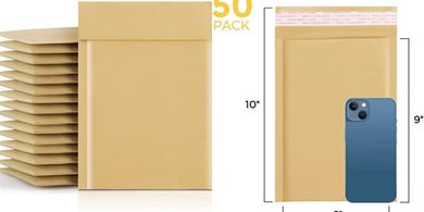 Kraft Bubble Mailers (6x10", 50-pack), self-sealing, waterproof
