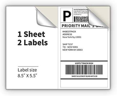 KKBESTPACK Half-Sheet Mailing Labels: 200 White, Self-Adhesive (2/page)
