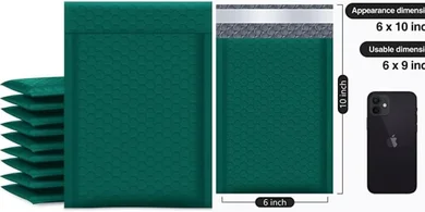 Green Bubble Mailers (6x10", 50-pack), Self-Sealing & Waterproof