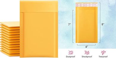 Kraft Bubble Mailers (4x8", 50-pack, Yellow, Self-Sealing)
