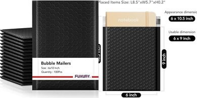 Black Padded Bubble Mailers (100, 6x10", usable 6x9")
