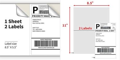 KKBESTPACK Half-Sheet Mailing Labels: 200 White, Self-Adhesive (2/page)
