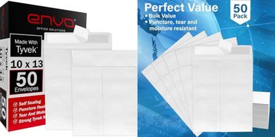 Tyvek Mailing Envelopes (10x13", 50-pack), Self-Sealing, Durable
