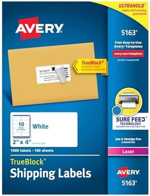 Avery 1,000 White Shipping Labels (2"x4", Sure Feed)
