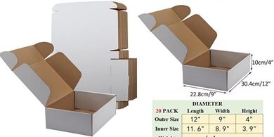 20 White Small Cardboard Mailer Boxes (12x9x4 inches)
